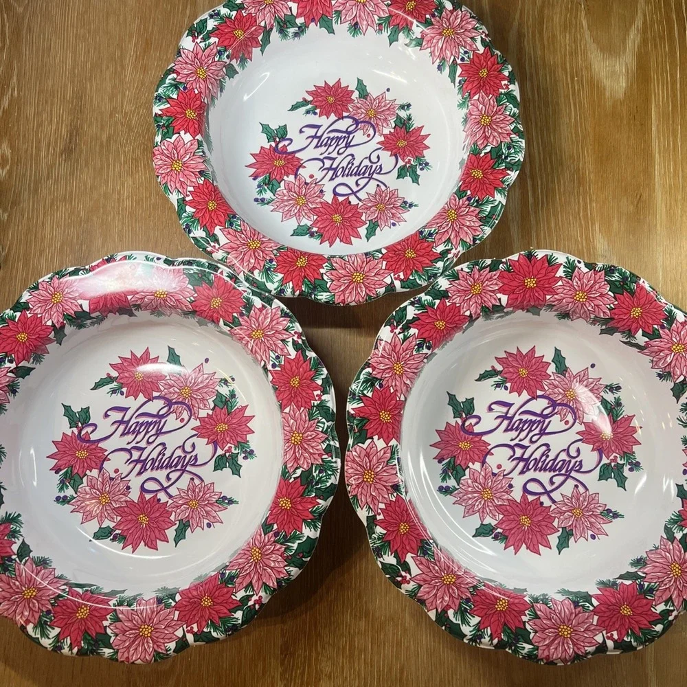 Berman Molded Plastic Bowl Poinsettia‎ Happy Holidays Christmas Dish (3) Vintage